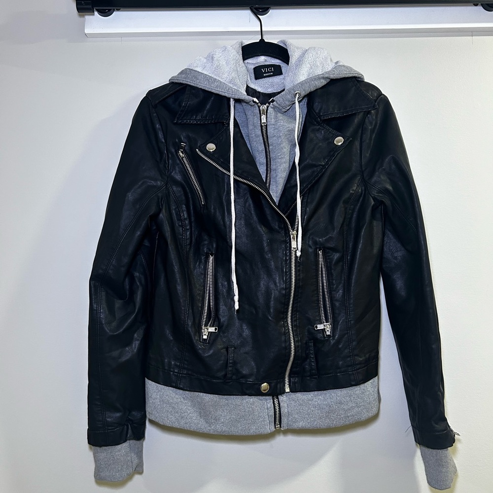Vici Black Leather Jacket with Gray Hoodie